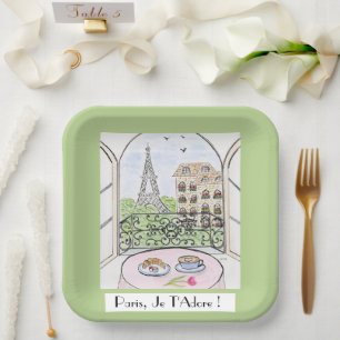 Whimsical Paris Eiffel Tower I Adore You! Paper Plate