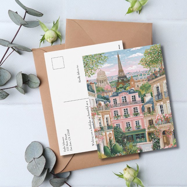 Whimsical Paris Summer Travel Eiffel Tower Floral  Holiday Postcard (Creator Uploaded)