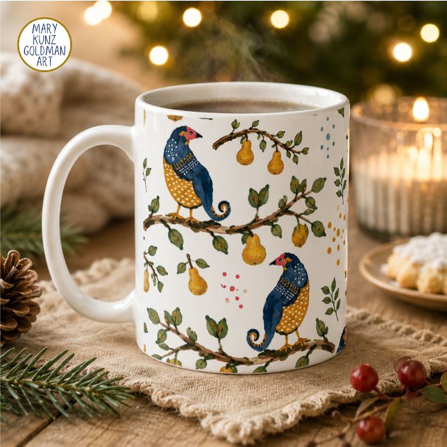 Whimsical Partridge Pear Tree Blue Christmas Coffee Mug (Hand-painted blue and gold partridges and pears cover this traditional Christmas mug.)