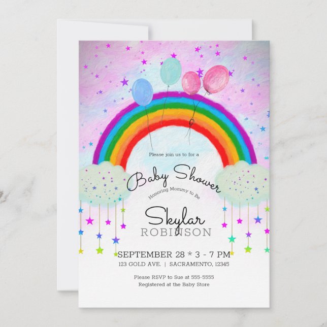 Whimsical Party Balloons Rainbow Stars Baby Shower Invitation (Front)