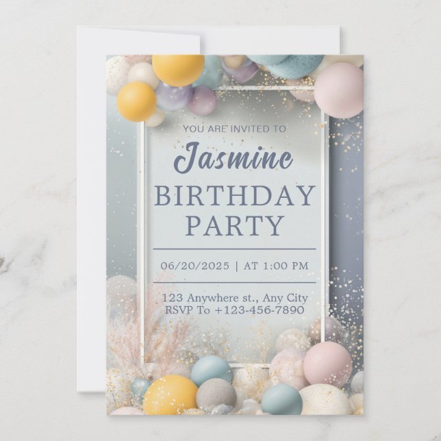 Whimsical Pastel Balloon Birthday Invite (Front)