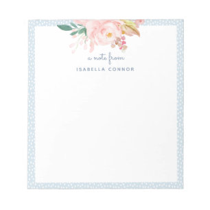 Whimsical Pastel Blue Dots Frame Watercolor Rose Notepad