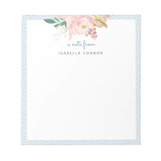 Whimsical Pastel Blue Dots Frame Watercolor Rose Notepad