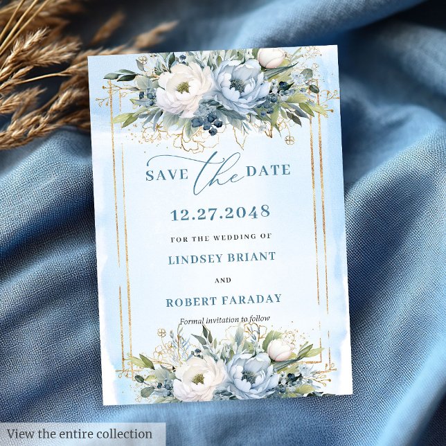 Whimsical Pastel Blue White Gold Flowers Save Date Invitation (Whimsical Pastel Blue White Gold Flowers Save The Date)