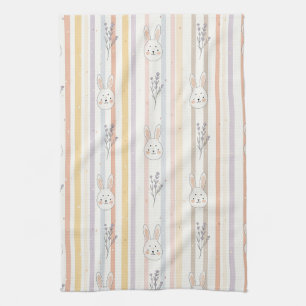 Whimsical Pastel Bunny Lavender Spring Stripe Tea Towel
