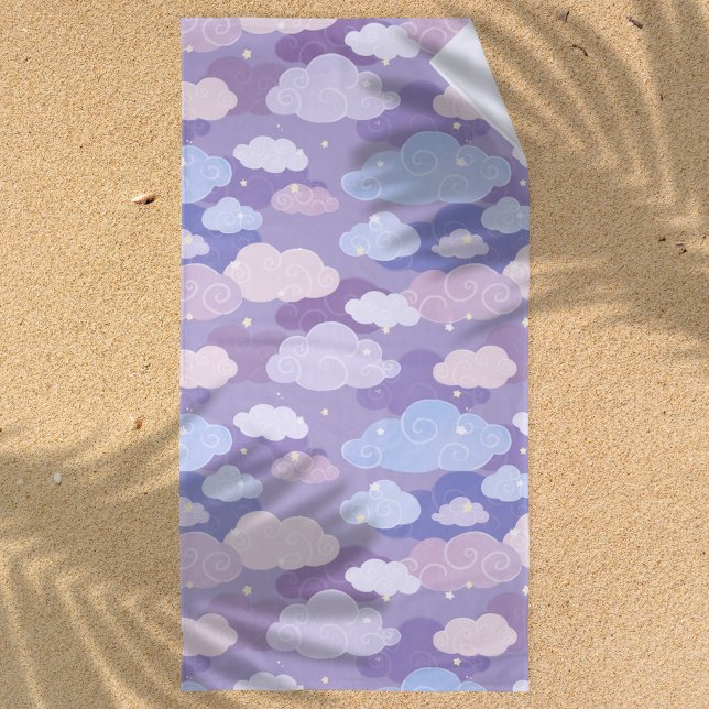 Whimsical Pastel Clouds and Stars Pattern Beach Towel (Whimsical Purple Clouds and Sky Pattern Beach Towel)