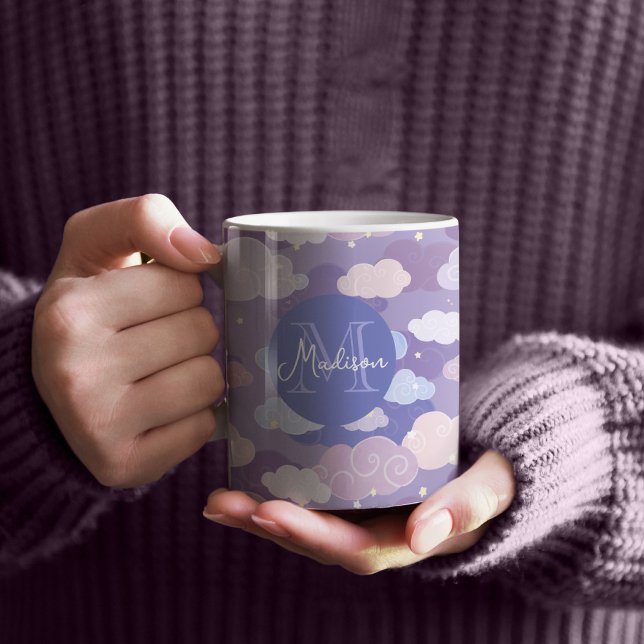 Whimsical Pastel Clouds and Stars Pattern Coffee Mug (Whimsical Purple Sky & Clouds Mug with Monogram)