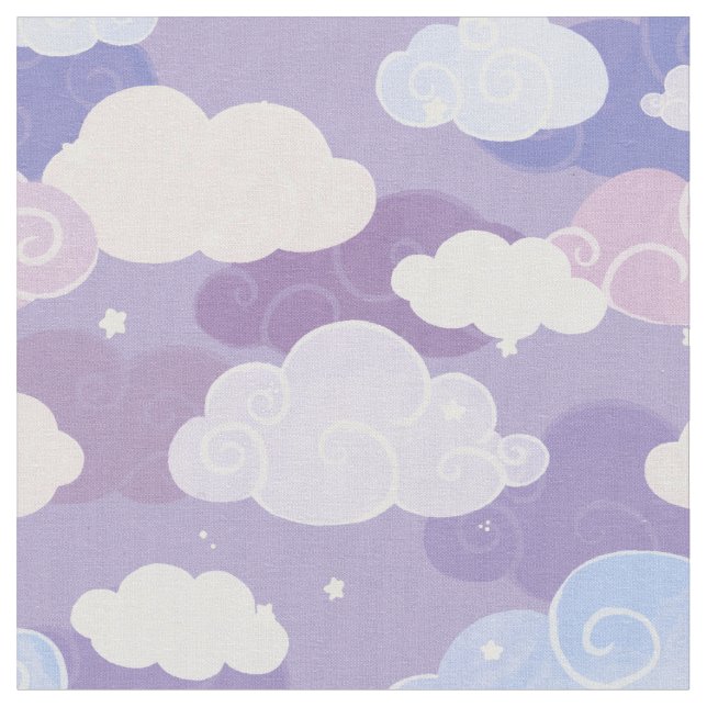 Whimsical Pastel Clouds and Stars Pattern Fabric (Close Up)