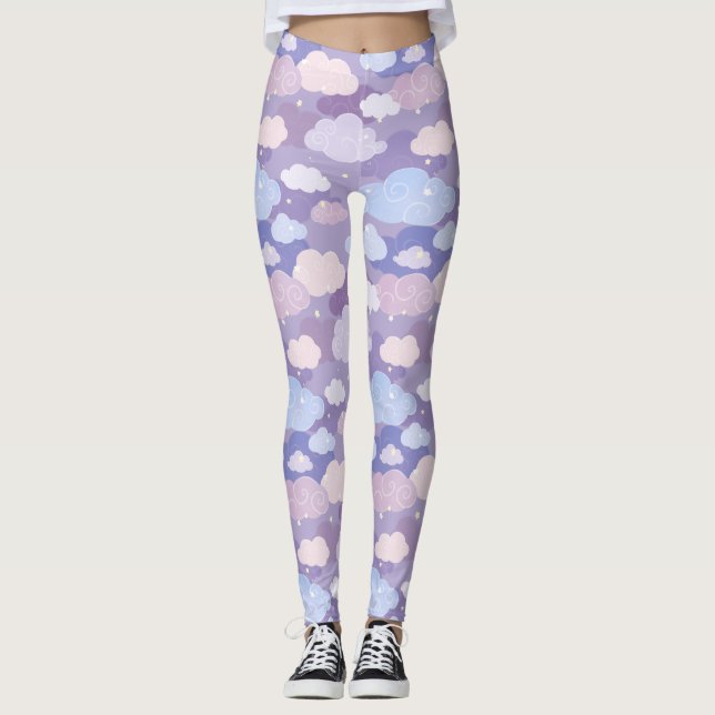 Whimsical Pastel Clouds and Stars Pattern Leggings (Front)