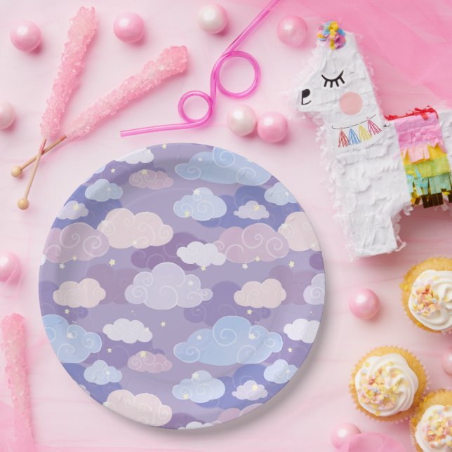 Whimsical Pastel Clouds and Stars Pattern Paper Plate (Party)
