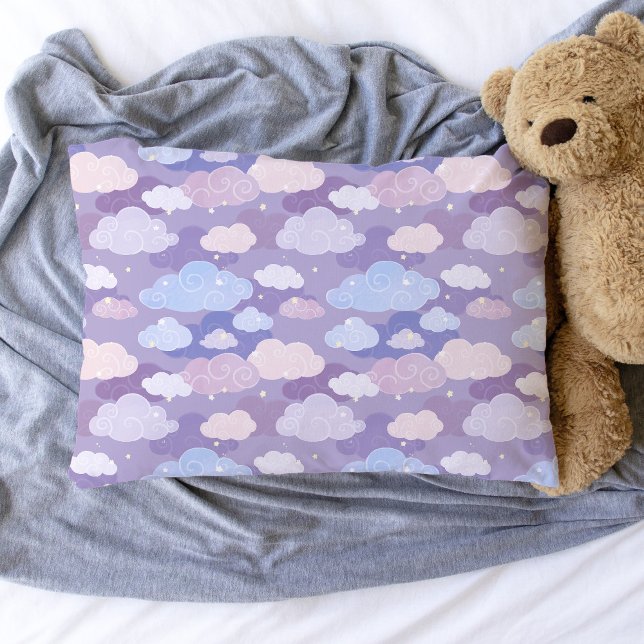 Whimsical Pastel Clouds and Stars Pattern Pillowcase (Whimsical Purple Sky & Clouds Pattern Pillowcase)