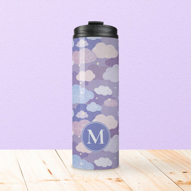 Whimsical Pastel Clouds and Stars Pattern Thermal Tumbler (Whimsical Purple Sky & Clouds Tumbler with Personalized Monogram)