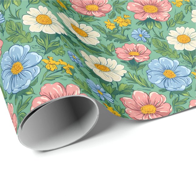 Whimsical Pastel Ditsy Floral Meadow Pattern Wrapping Paper (Roll Corner)