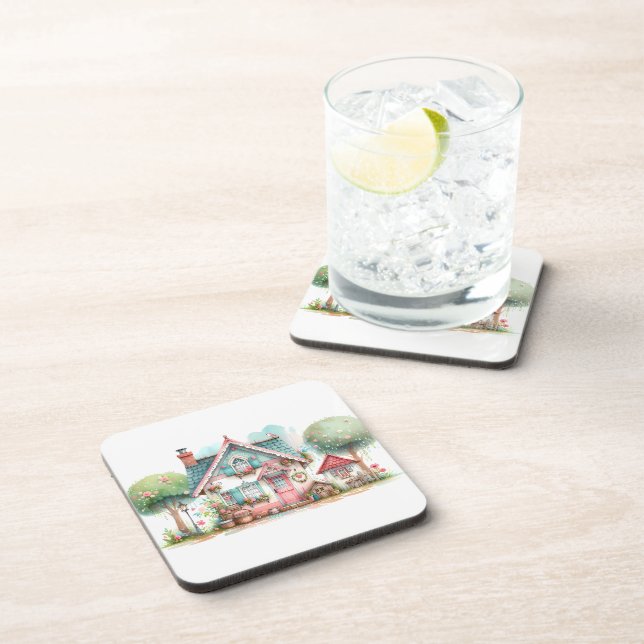 Whimsical Pastel Fairy Tale Cottage Art Coaster (Right Side)