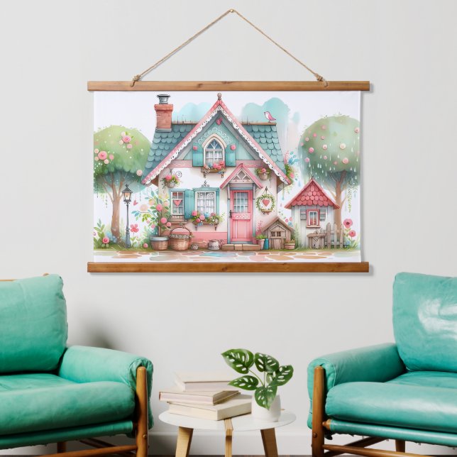 Whimsical Pastel Fairy Tale Cottage Art Hanging Tapestry (Living Room)