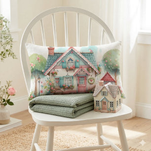 Whimsical Pastel Fairy Tale Cottage Art Lumbar Cushion