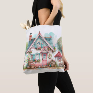 Whimsical Pastel Fairy Tale Cottage Art Tote Bag