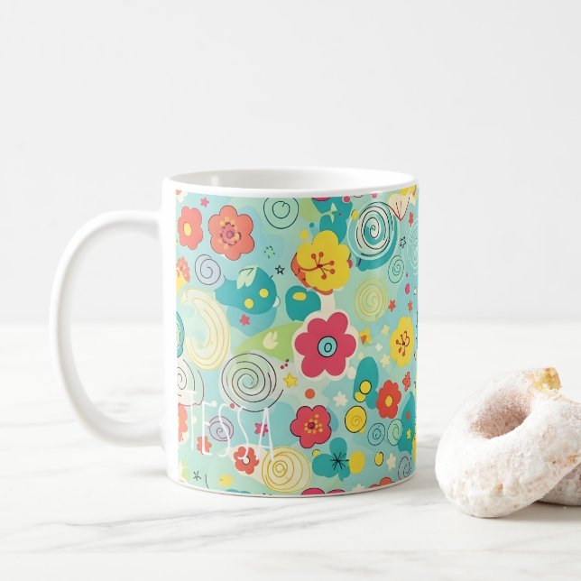 Whimsical Pastel Floral Button Pattern Coffee Mug (With Donut)