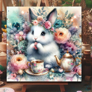 Whimsical Pastel Floral Easter Bunny Tea Garden Holiday Card