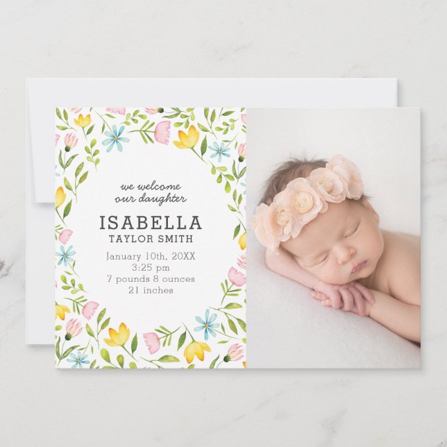 Whimsical Pastel Flowers Baby Photo Birth Announcement (Front)