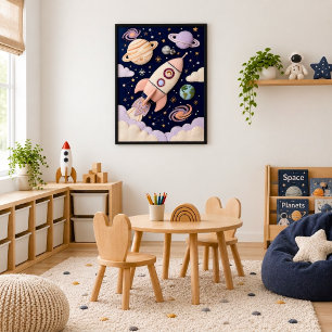 Whimsical Pastel Kids Space Adventure Girl Rocket Poster