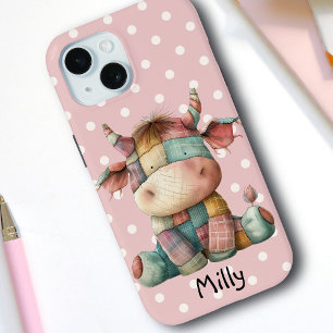 Whimsical Pastel Patchwork Cow Add Custom Name  iPhone 15 Case