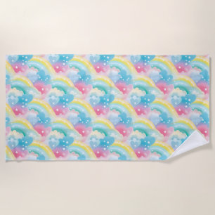 Whimsical Pastel Pattern with Hearts and Rainbows Beach Towel