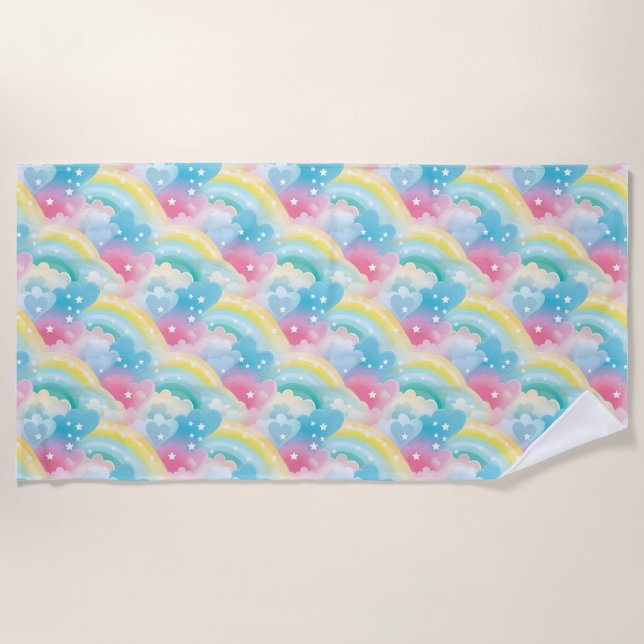 Whimsical Pastel Pattern with Hearts and Rainbows Beach Towel (Front)