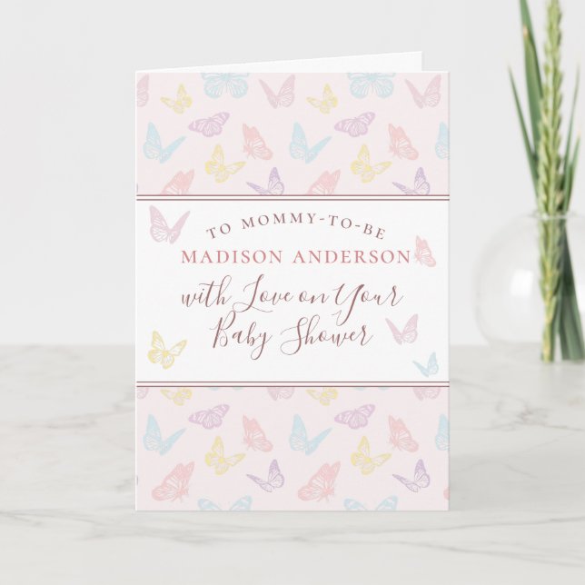 Whimsical Pastel Pink Butterfly Girl Baby Shower Card (Front)