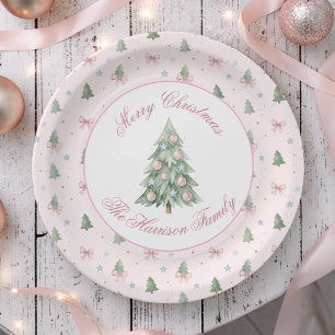 Whimsical Pastel Pink Christmas Tree Seamless Pape Paper Plate