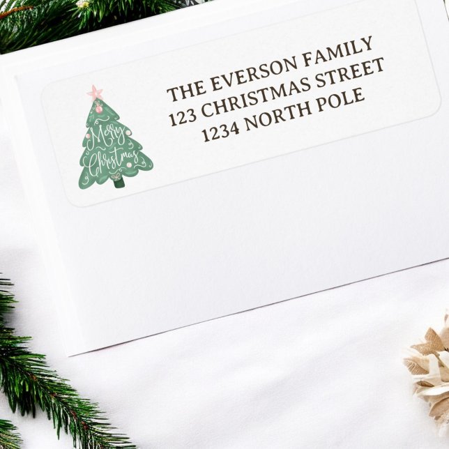 Whimsical pastel pink green merry christmas tree (Whimsical pastel pink green merry christmas tree label)