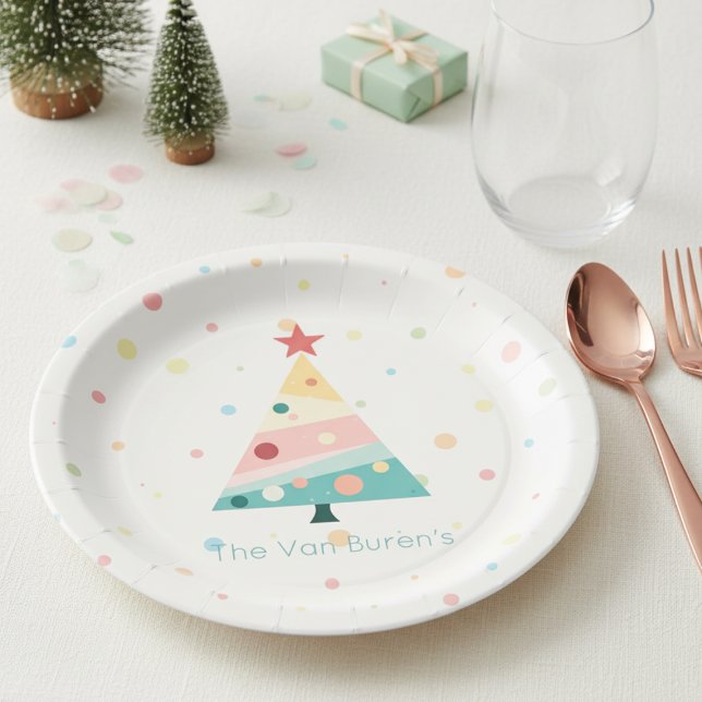 Whimsical Pastel Polka Dot Christmas Paper Plate (Personalized Pastel color polka dot Christmas tree paper plate)