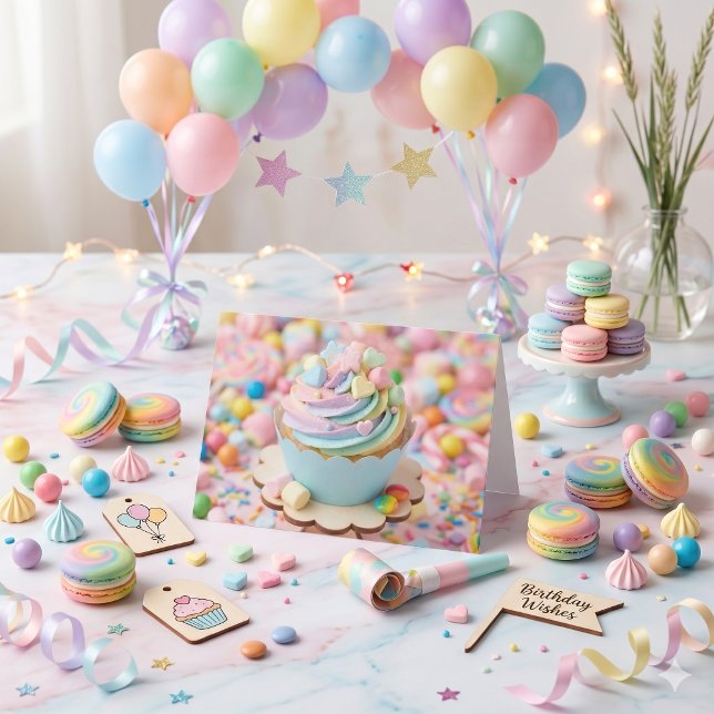 Whimsical Pastel Rainbow Cupcake Birthday  Card (Creator Uploaded)