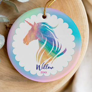 Whimsical Pastel Rainbow Girly Unicorn Keepsake Ceramic Tree Decoration