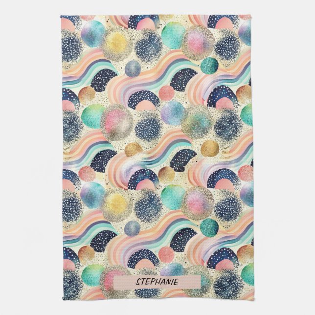 Whimsical Pastel Rainbow Waves & Glitter Abstract  Tea Towel (Vertical)