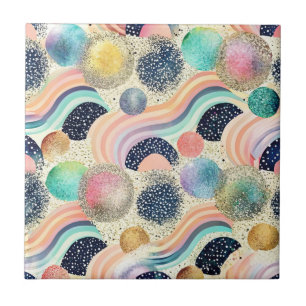 Whimsical Pastel Rainbow Waves & Glitter Abstract  Tile