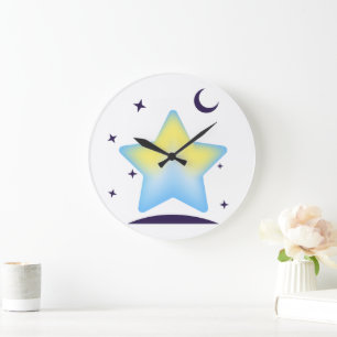 Whimsical Pastel Star and Moon Nursery Large Clock