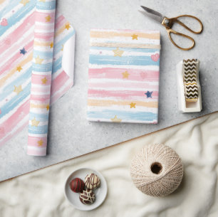 Whimsical Pastel Striped Heart and Star Pattern De Wrapping Paper
