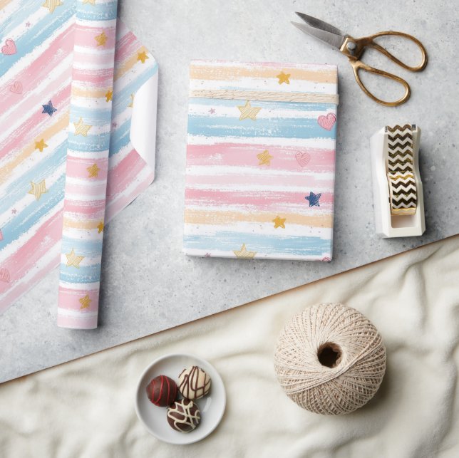 Whimsical Pastel Striped Heart and Star Pattern De Wrapping Paper (Crafts)