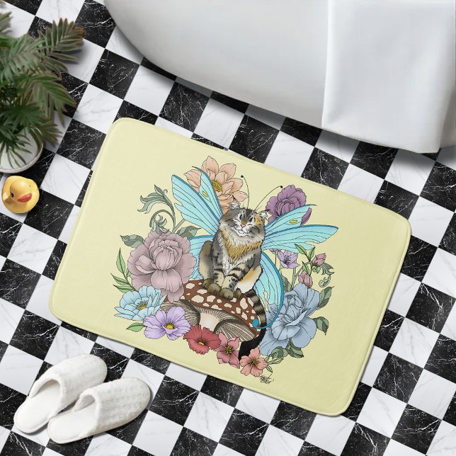 Whimsical Pastel Tabby Fairy Cat Floral Fantasy  Bath Mat (Creator Uploaded)