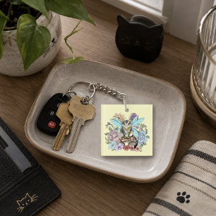 Whimsical Pastel Tabby Fairy Cat Floral Fantasy Key Ring