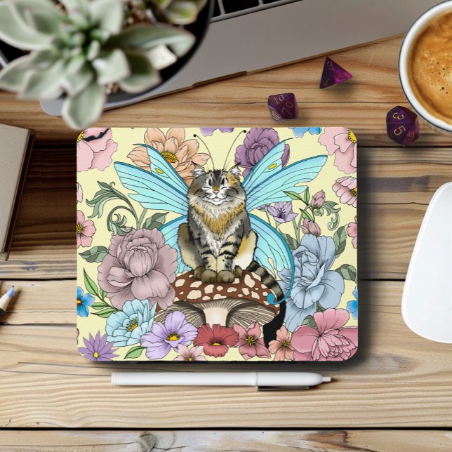 Whimsical Pastel Tabby Fairy Cat Floral Fantasy  Mouse Pad (Creator Uploaded)