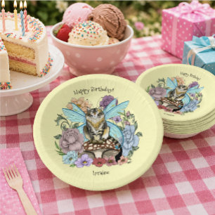 Whimsical Pastel Tabby Fairy Cat Floral Fantasy Paper Plate