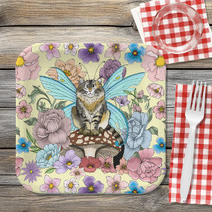 Whimsical Pastel Tabby Fairy Cat Floral Fantasy Paper Plate