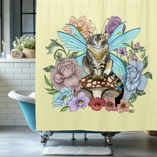 Whimsical Pastel Tabby Fairy Cat Floral Fantasy Shower Curtain