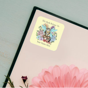 Whimsical Pastel Tabby Fairy Cat Floral Fantasy Square Sticker