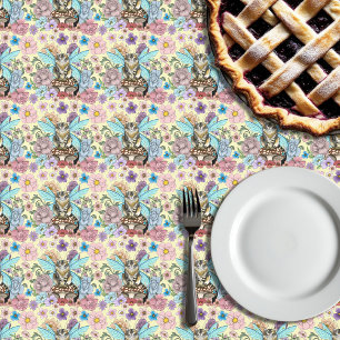 Whimsical Pastel Tabby Fairy Cat Floral Fantasy Tablecloth