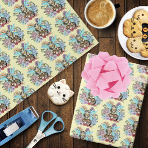 Whimsical Pastel Tabby Fairy Cat Floral Fantasy Wrapping Paper