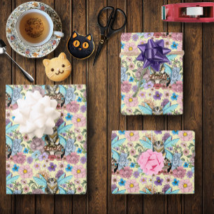 Whimsical Pastel Tabby Fairy Cat Floral Fantasy  Wrapping Paper Sheet