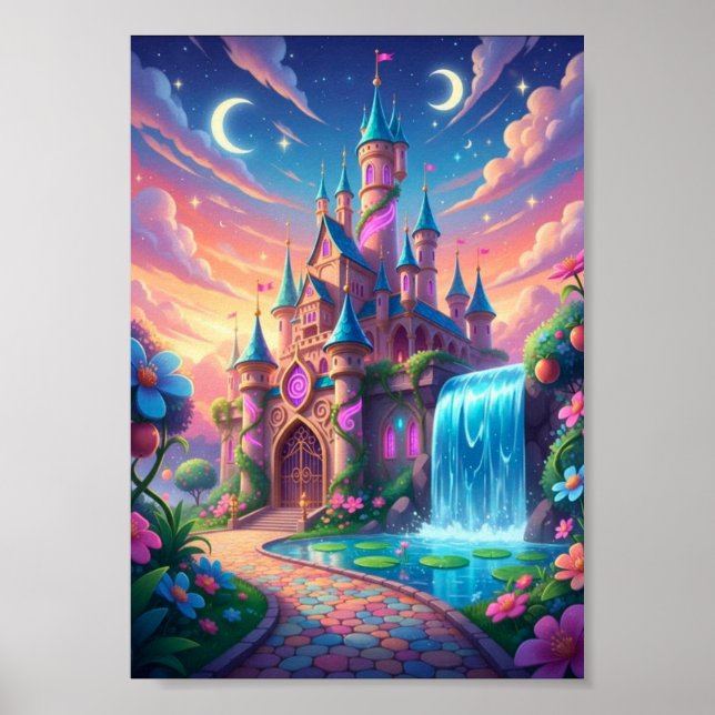Whimsical Pastel Twin Moon Castle Waterfall Poster (Front)